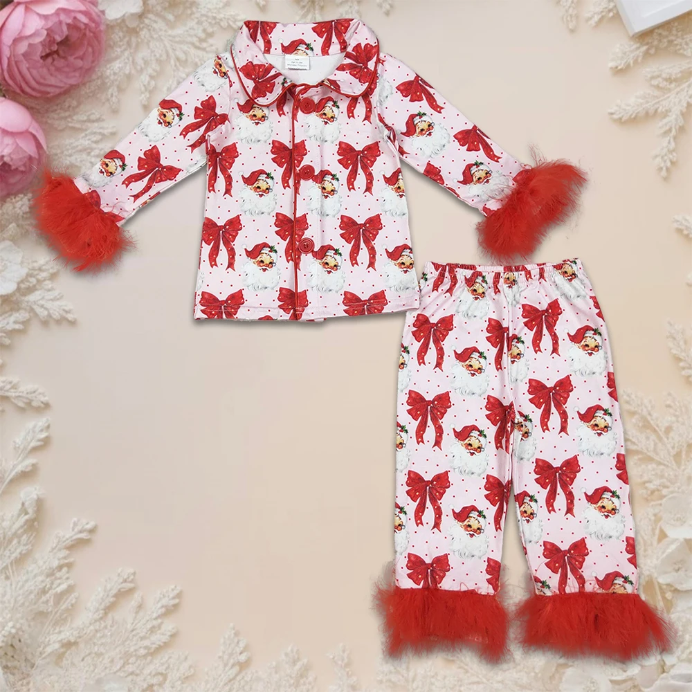 Toddler Baby Girl Christmas Pajamas Sets Children Fur Bows Santa Print Lapel Neck Button-up Tops Long Pants Loungewear Clothes
