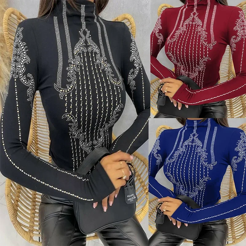 Women's Clothing Hot Drilling Slim Top Turtleneck Fashion Casual Blouse Tops Solid Color Diamonds Rheinstone