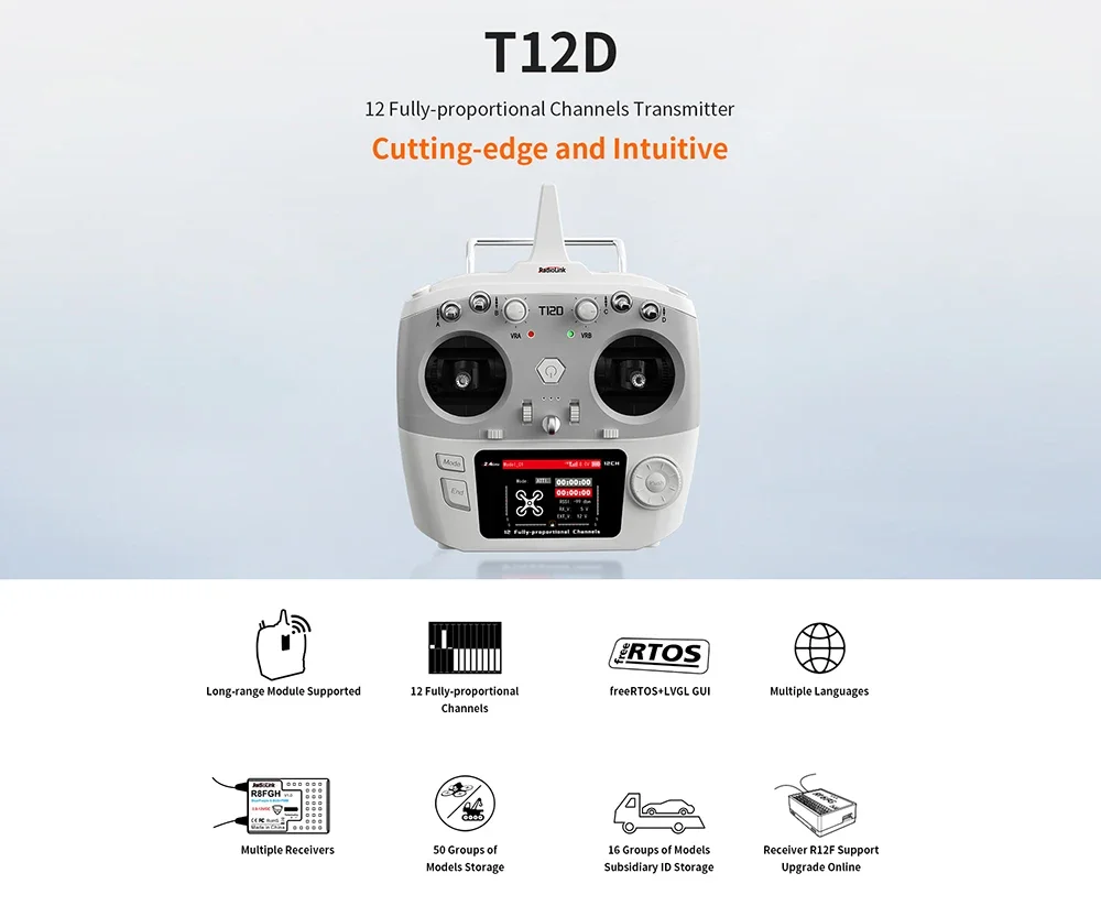 

RadioLink T12D 12CH RC Transmitter 2.4GHz 2.8Inch 4000M Distance with R12F Receiver for FPV Drone Fixed Wing Car Boat Robot