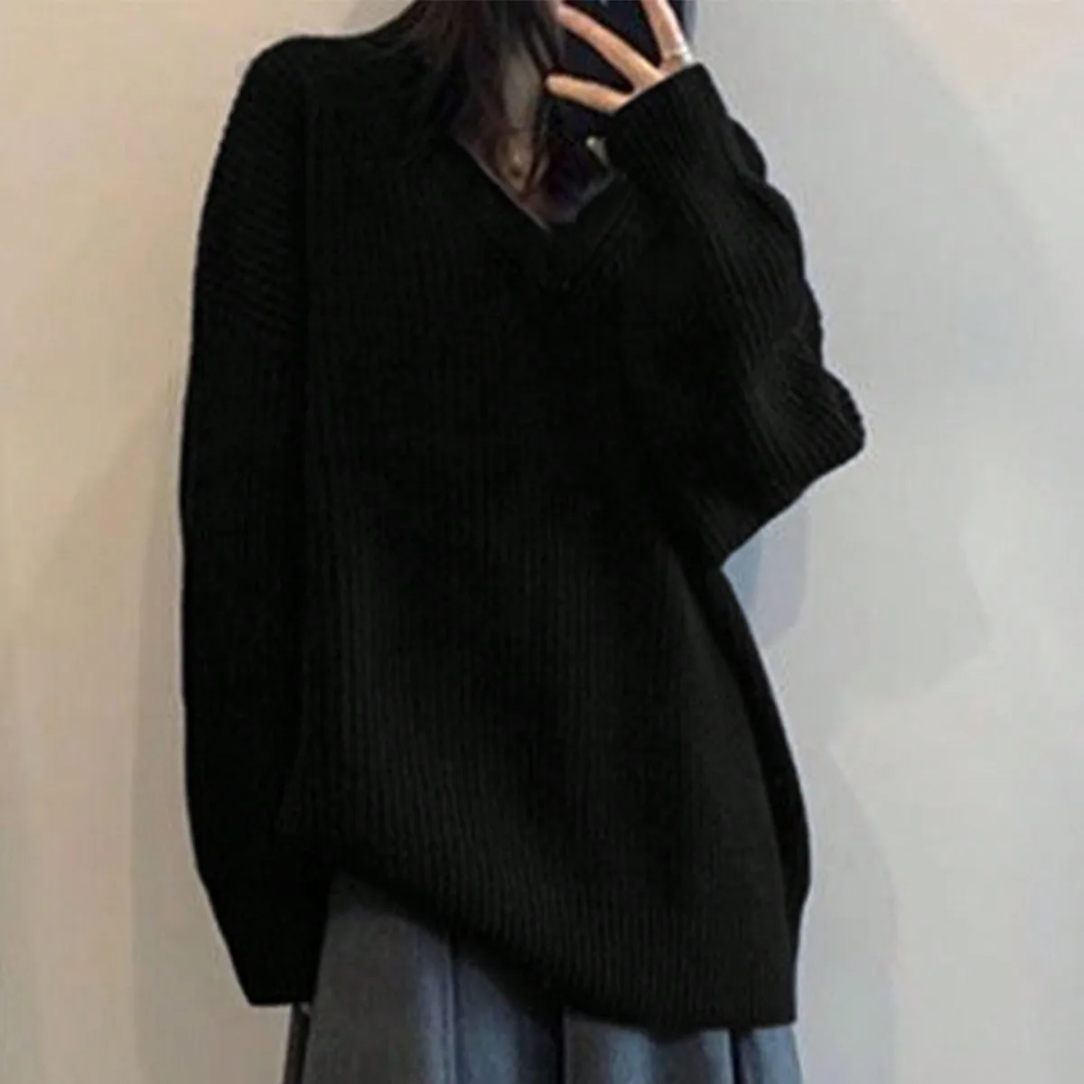 South Korea's Dongdaemun Autumn and Winter Normcore Style V-Neck Pit Strip Pullover Long-Sleeved Knitwear Loose Slimming Look Flesh-Covering Top Women's Utaiteriter Talun