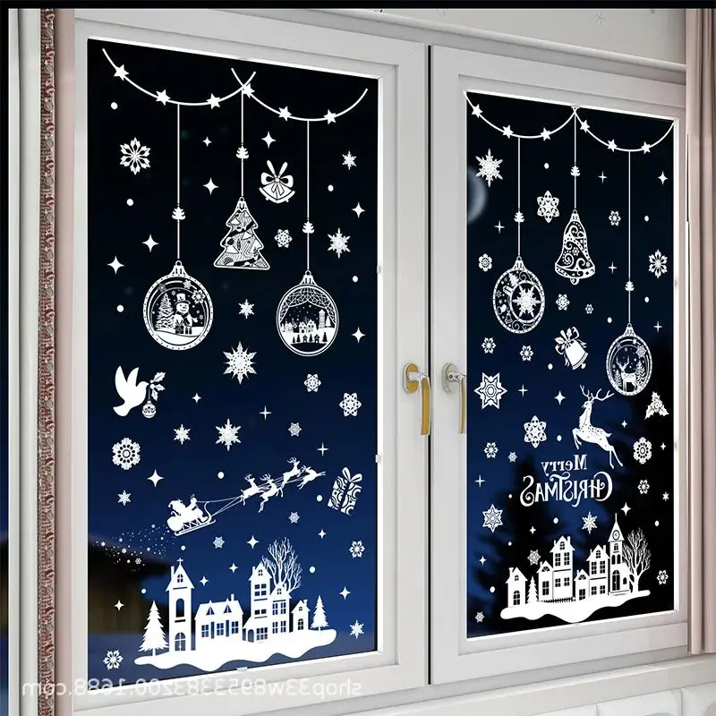 9pcs Snowflake Christmas Window Stickers Reindeer New Year Decal Wall Sticker White Christmas Electrostatic Stickers Decorations