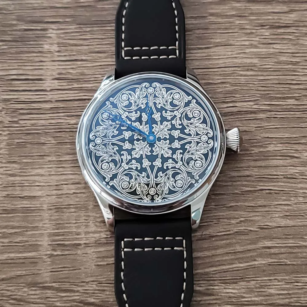 Men's 44MM Big Flying Engraved Sapphire Glass Watch with Leather Strap with ST3600 Manual Movement