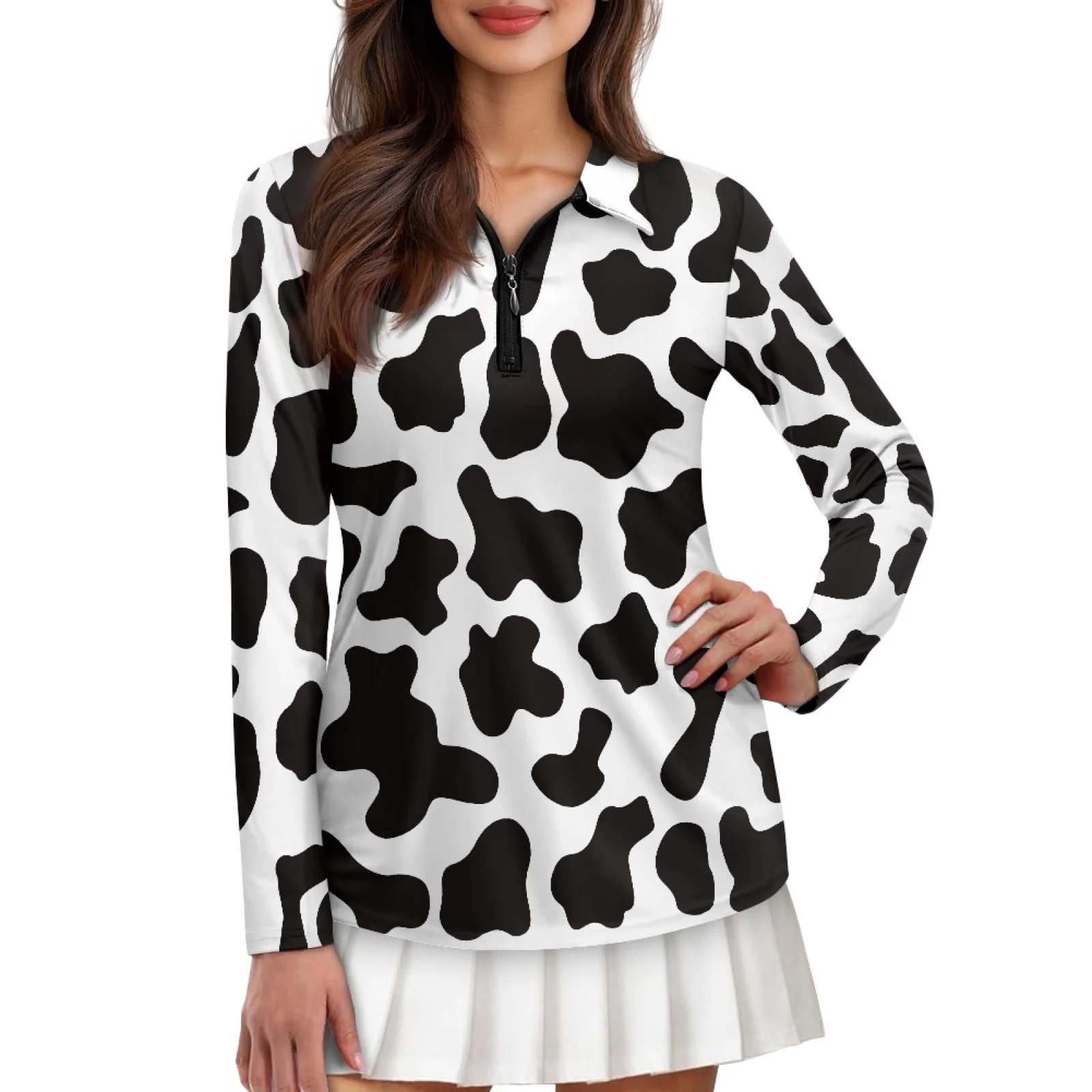 PENSTROLL Cow Womens Long Sleeve Golf Outfits Breathable Polo Shirts for Women for Fitness