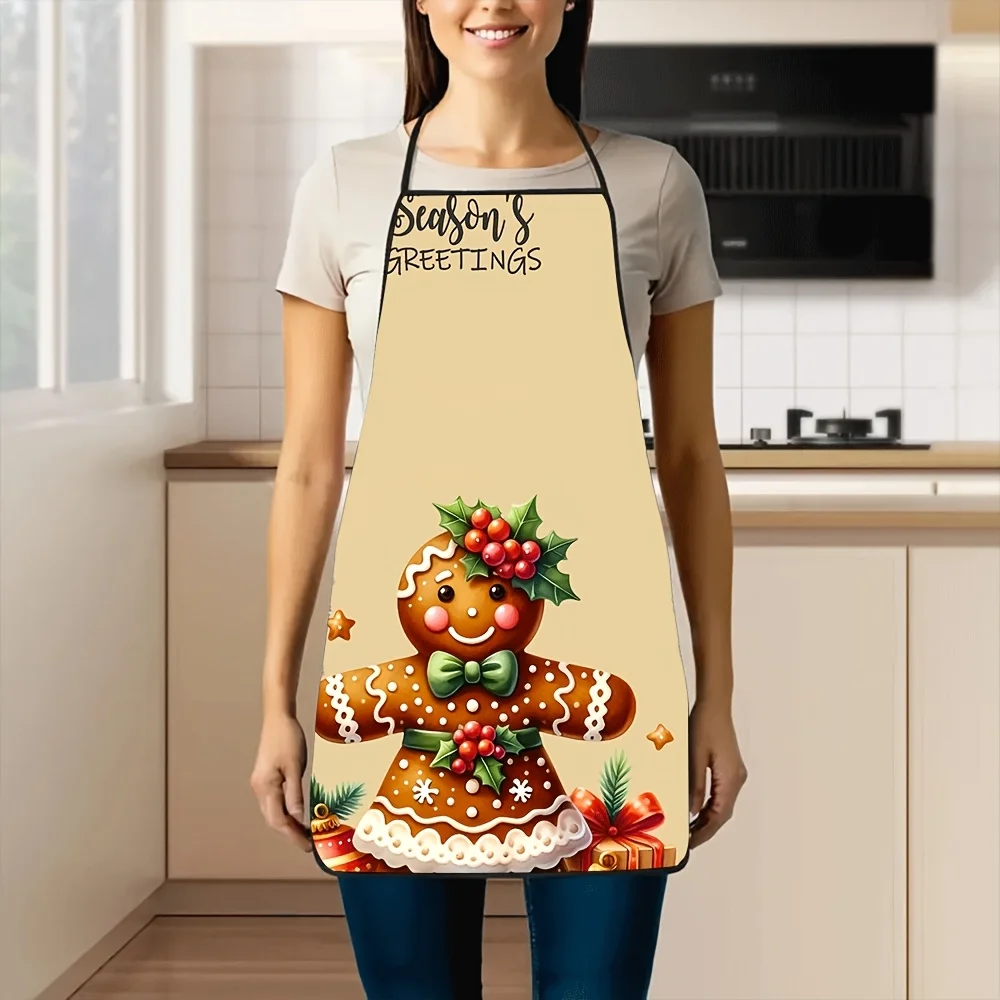 1pc, Gingerbread Man Christmas Card Theme, Polyester Material Exquisite Apron, Suitable For Kitchen, Cooking, Labor, Daily Use,