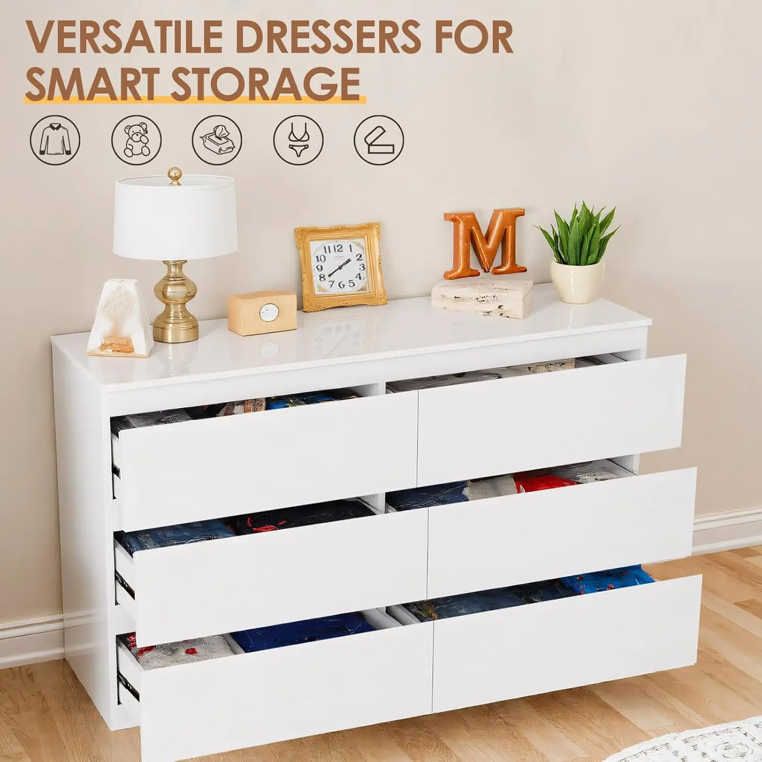 White Wood Dresser for Bedroom, Living Room & Entryway with 6 Wide Drawers for Clothes Storage, Multi-Functional view 4