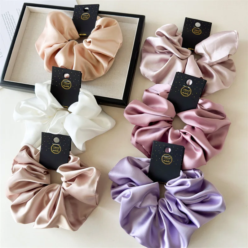 

18cm Women Large Solid Color Satin Elastics Hair Band Girls Retro Scrunchies Hair Ties Ladies Fashion Ponytail Holder Headwear