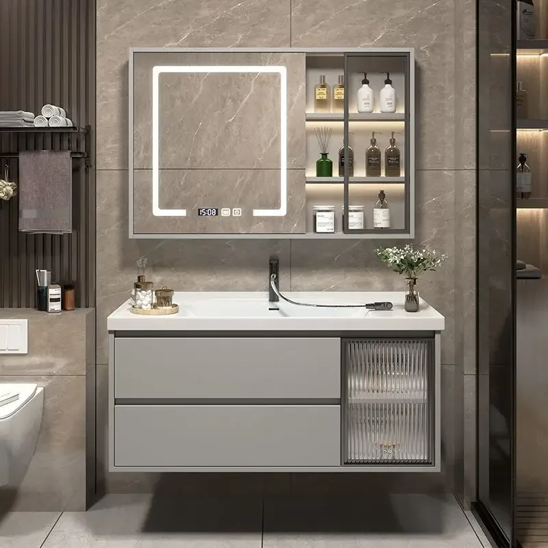 Luxury Solid Wood Cabinet Combination Bathroom Light Ceramic Basin Seamless Washstand Face
