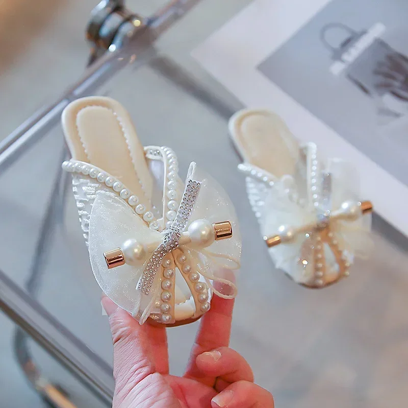 Pink Mesh Bow Pearl Open Toe All-match Slippers for Skirt 2022 Children\'s Fashion Sweet Princess Flat Casual Sandals for Girls