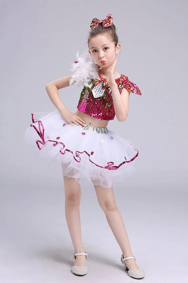 新しい子供ジャズダンスドレス女の子赤いスパンコールプリンセスモダンダンス衣装子供のためのハロウィン衣装パフォーマンススーツ