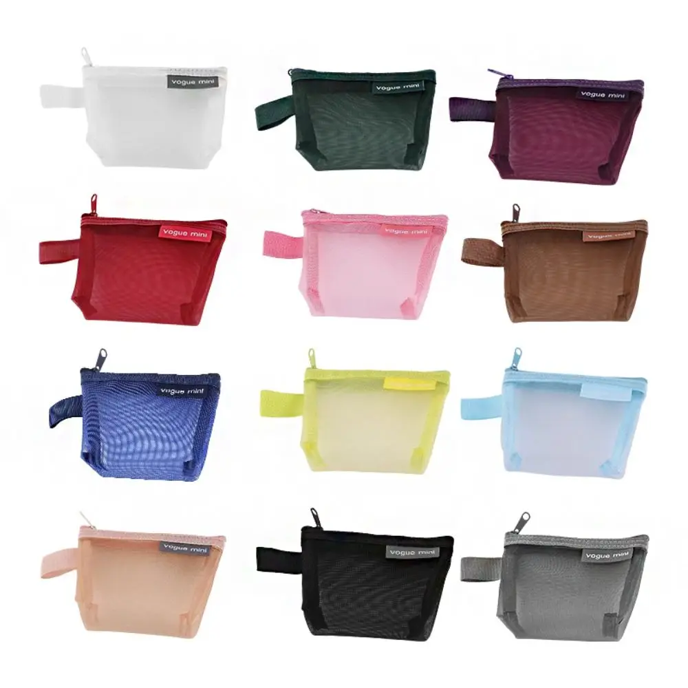 

Nylon Transparent Mesh Storage Bag Makeup Bag Small Item Bag Mini Coin Purse Solid Color Data Cable Storage Bag Cosmetic Bag