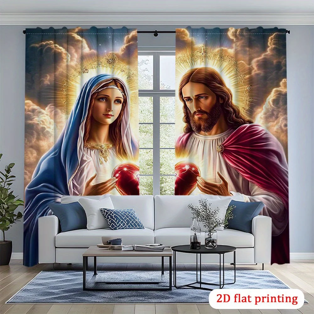 Jesus and Mary Curtains Sacred Heart of Jesus and Immaculate Heart of Mary Print Religious Christian Window Drapes for Church