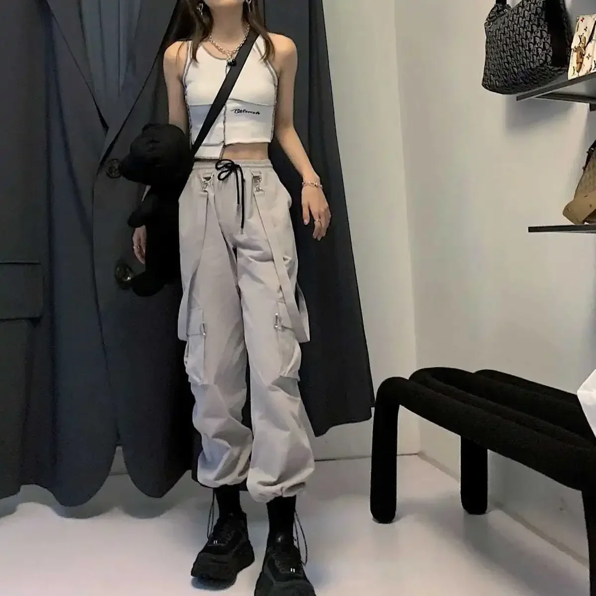 

New Harajuku Goth Jogging Cargo Pants Women Streetwear Black High Waist Solid Color Oversized Pants Casual Trousers Female