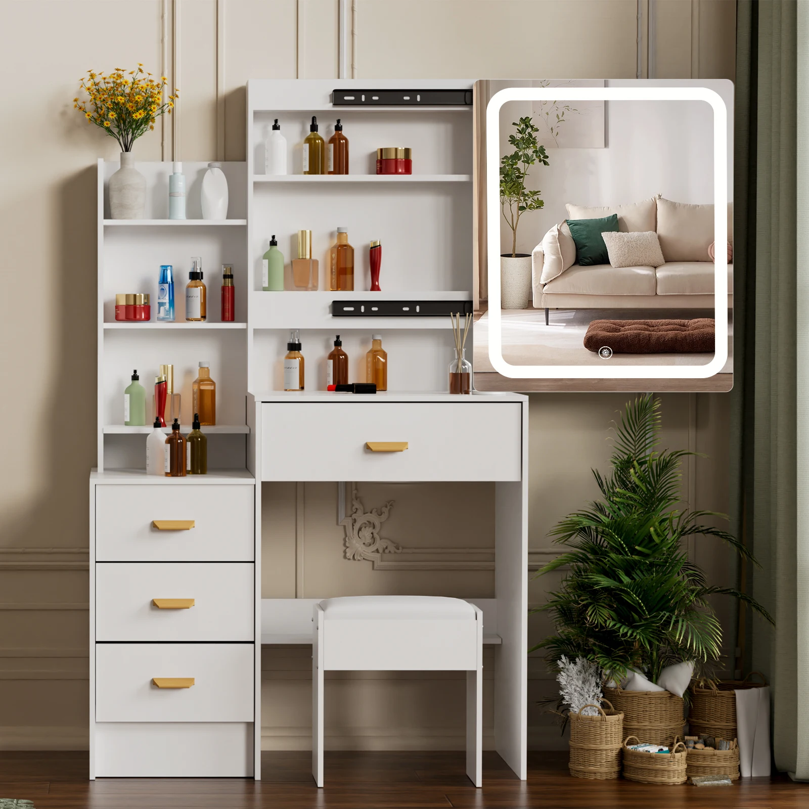 Table de toilette moderne Onesaimei avec miroir LED, commande tactile, 10 lumières LED à intensité variable, 3 modes d'éclairage de couleur, 4 tiroirs + 4 compartiments de rangement + 3 étagères ouvertes, bureau de maquillage pour chambre à coucher
