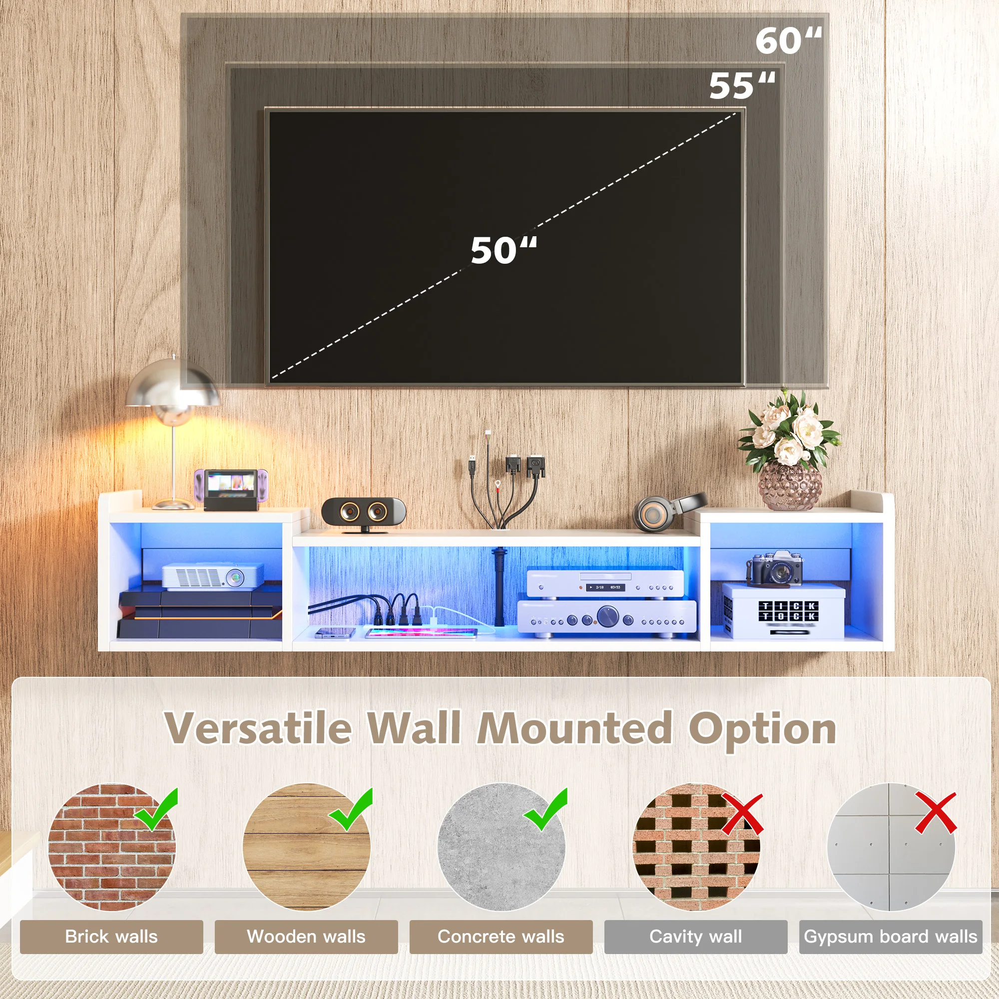 Floating TV Stand With LED Lights, Wall Mounted Media Console, Wooden Storage Entertainment Shelf For Living Room & Bedroom