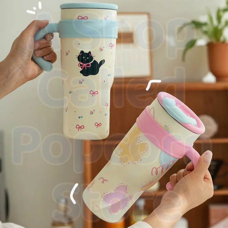 Taza Termo de gato de gran capacidad con tapa con asa, botella de agua portátil de acero inoxidable 316, para oficina, café, té, helado