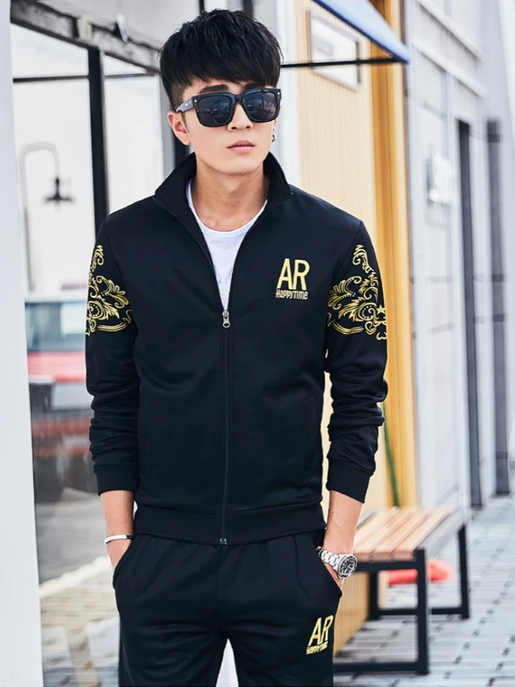 Spring Autumn Men\'s Sports Casual Suit Fashion Standing Collar Slim Embroidered Baseball Coat Straight Leg Pants Two Piece Set