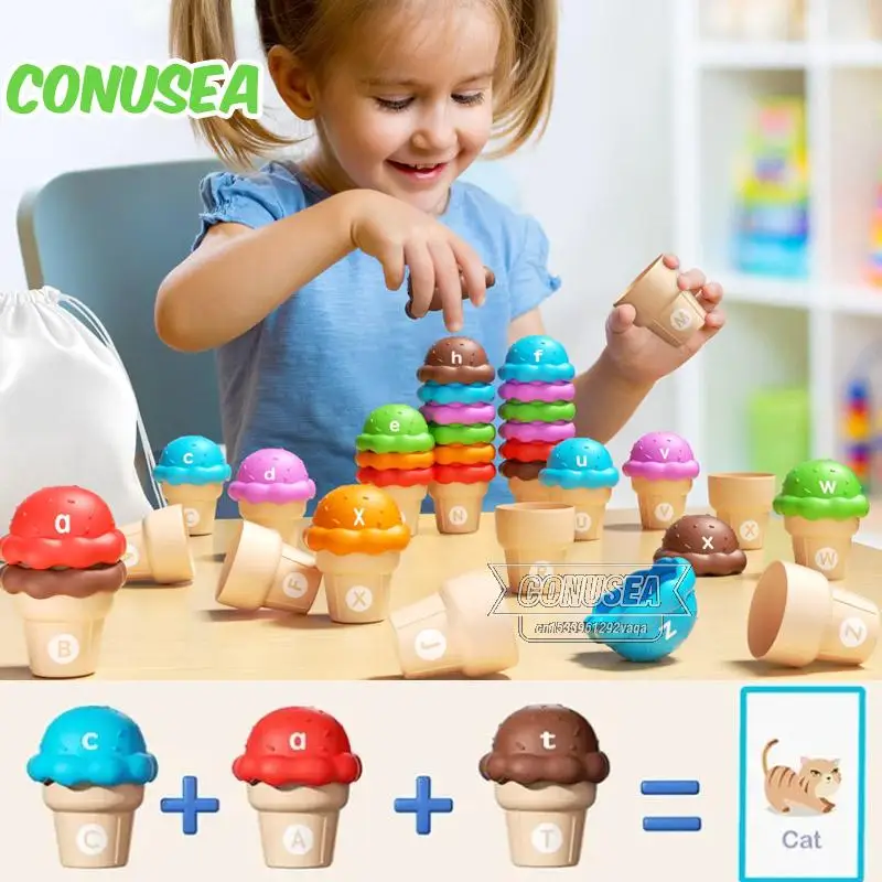 Montessori Toys Baby Ice Cream Preschool Alphabet Learning Counting Color Sorting Set Stacking Toys for Kids Christmas Gifts