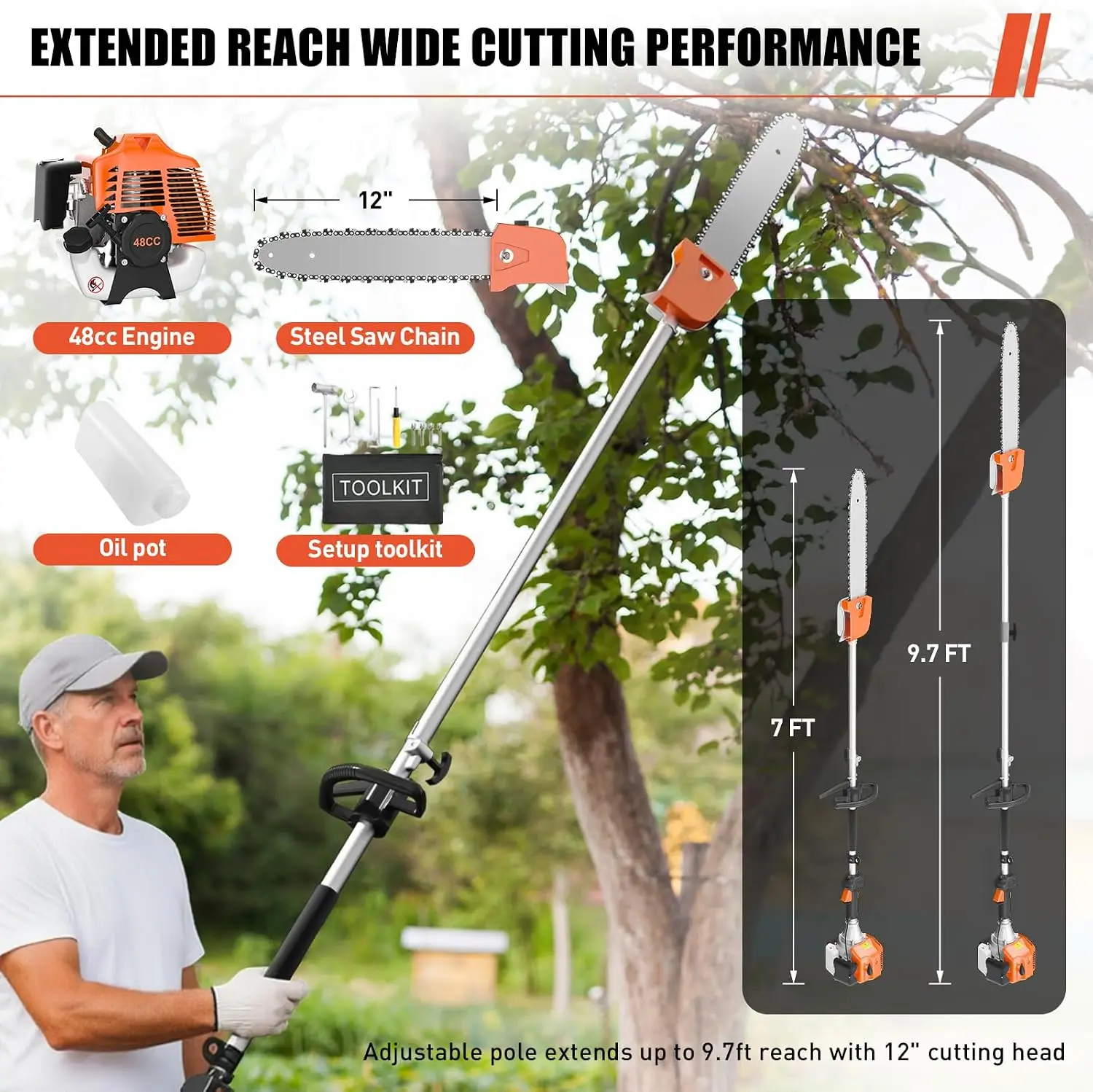48Cc Gas Powered Pole Saws 2 Stroke 115In Cutting Bar 16Ft Height Cordless Extendable Long Tree Trimmer Tree Trimming Branches P