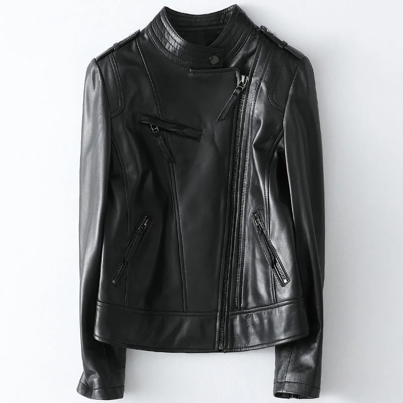 Fashion Classic Sheepskin Motorcycle Jacket Genuine Leather Jacket for Women Short Style