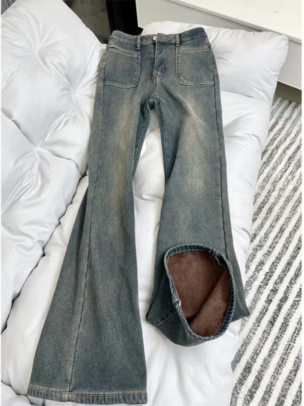 

Большие размеры, расклешенные джинсы с подкладкой Fce, женские утягивающие брюки с высокой талией, повседневные зимние сезонные брюки