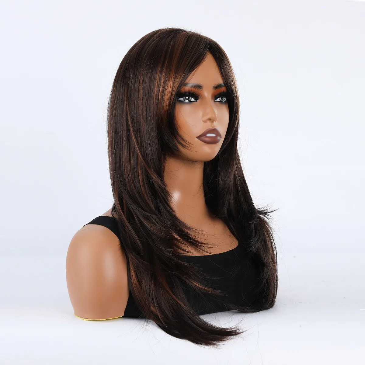 باروكة، غرة طويلة، طول الكتف، شعر متوسط الطول، شعر مستعار من الألياف الاصطناعية باللونين البني والأسود المتدرج