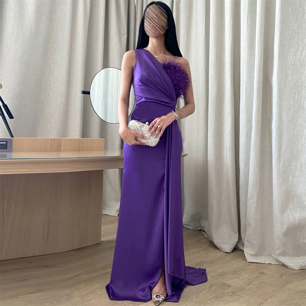 

Elegant Grape One Shoulder A-Line Feather Prom Dress for Women Floor-length Evening Party Gown Formal Dresses فساتين السهرة