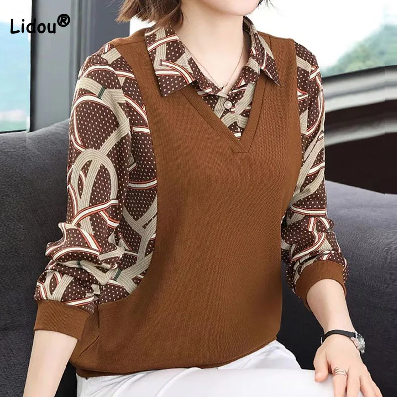 Fashion Vintage Fake Two Pieces Long Sleeve Tops Women\'s Clothing Spring Autumn New Casual Polo-Neck Printed Spliced T-shirt