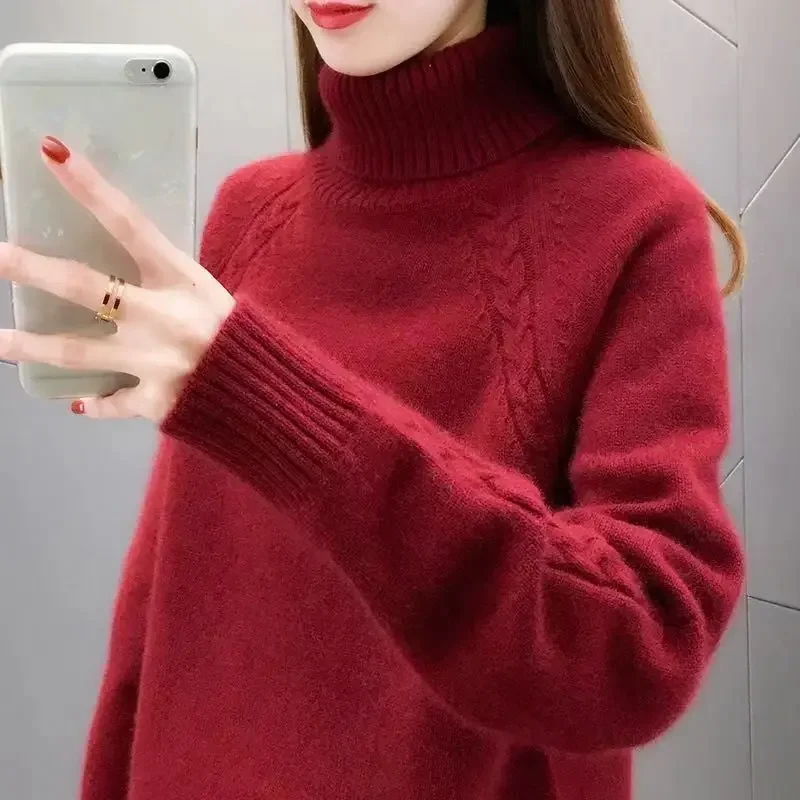 Plus Velvet Thicker Long Sleeve Sweater Pullovers Turtleneck Solid Simple Jacquard Korean Style Knitting Warm All-match Slim