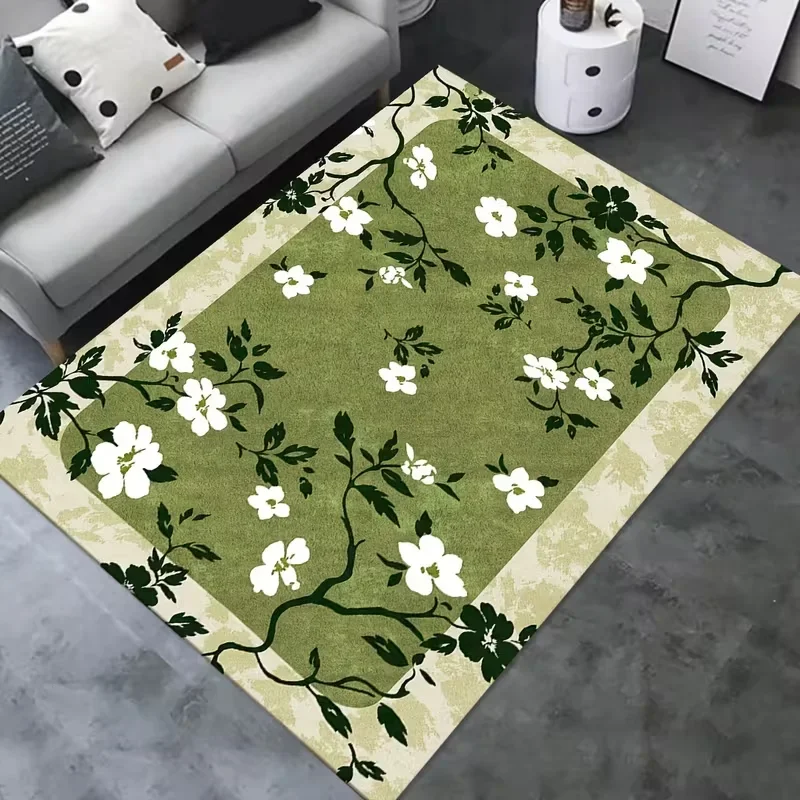 Vintage Forest Hare Area Rug Green Background Rabbit Bird Mushroom Leaf Print Soft Floor Mat Botanical Carpet for Living Room
