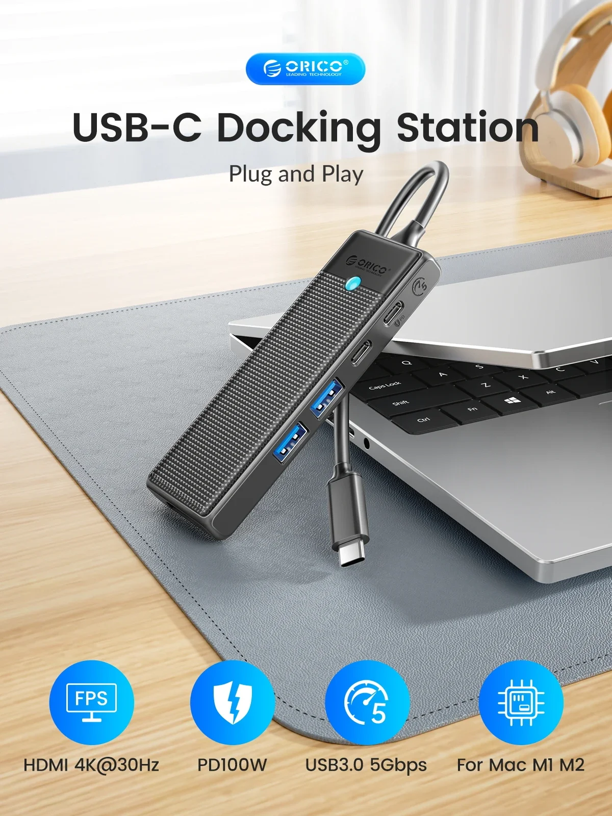 Imagem -02 - Orico-usb c Hub para Macbook tipo c para Compatível com Hdmi Adaptador Usb 3.0 Porta Ethernet de Leitura de Cartão Pd100w Docking Station Divisor Usb