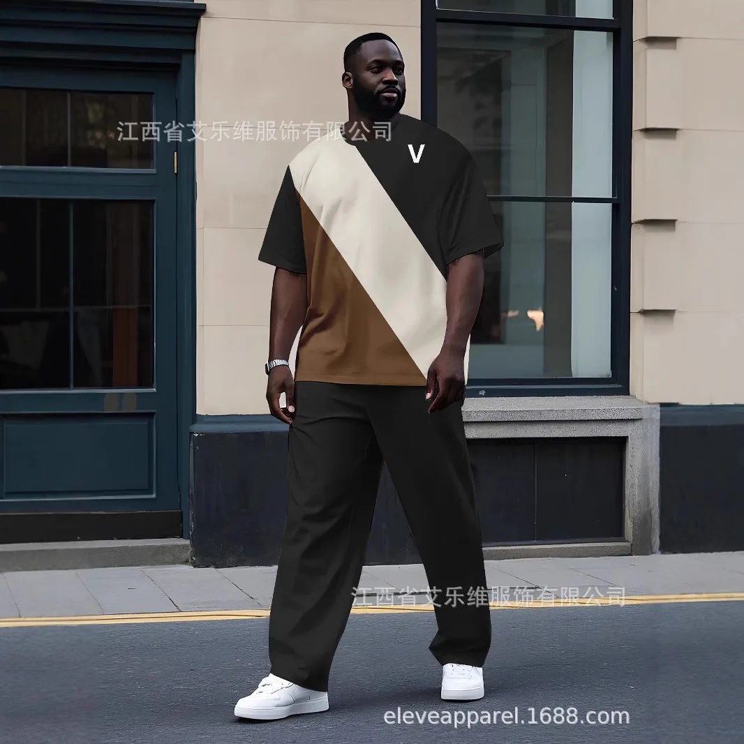 

Mens Crew Neck T Shirt Pants Set 3D Digital Printing Minimalist Color Block Combination