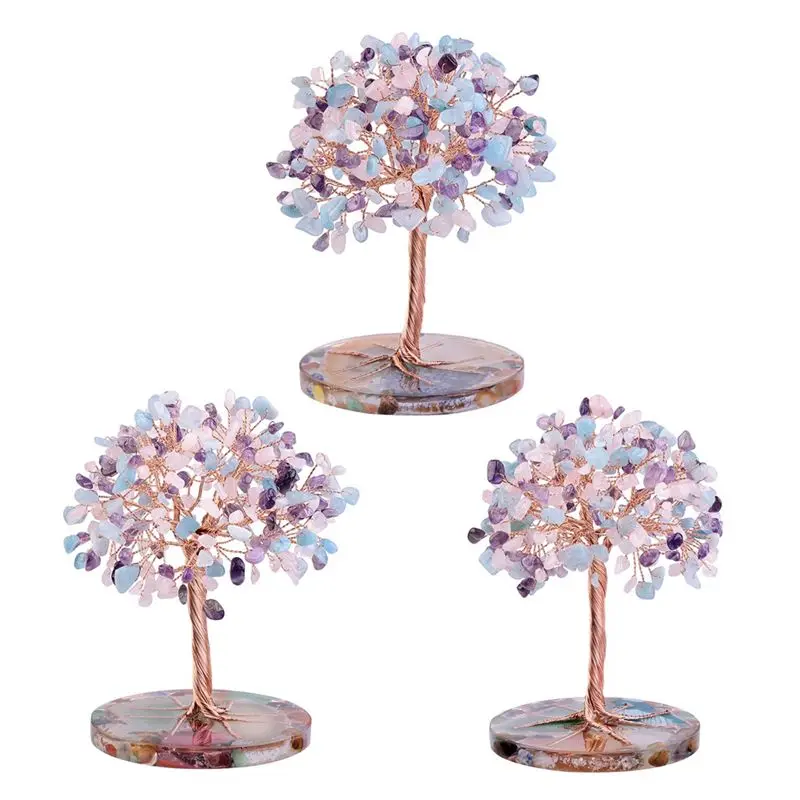 A76I-7 Chakra Healing Crystals Tree Leaf Wire Wrapped On Natural Agate Slice Base Home Office Desk Living Room Decoration A Dura