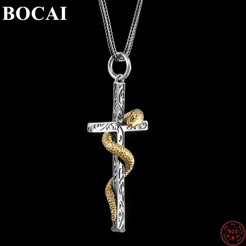 BOCAI S925 Sterling Silver Pendants for Women Men New Fashion Vintage Cross Eternal Rattan Totem Smake Jewelry Free Shipping