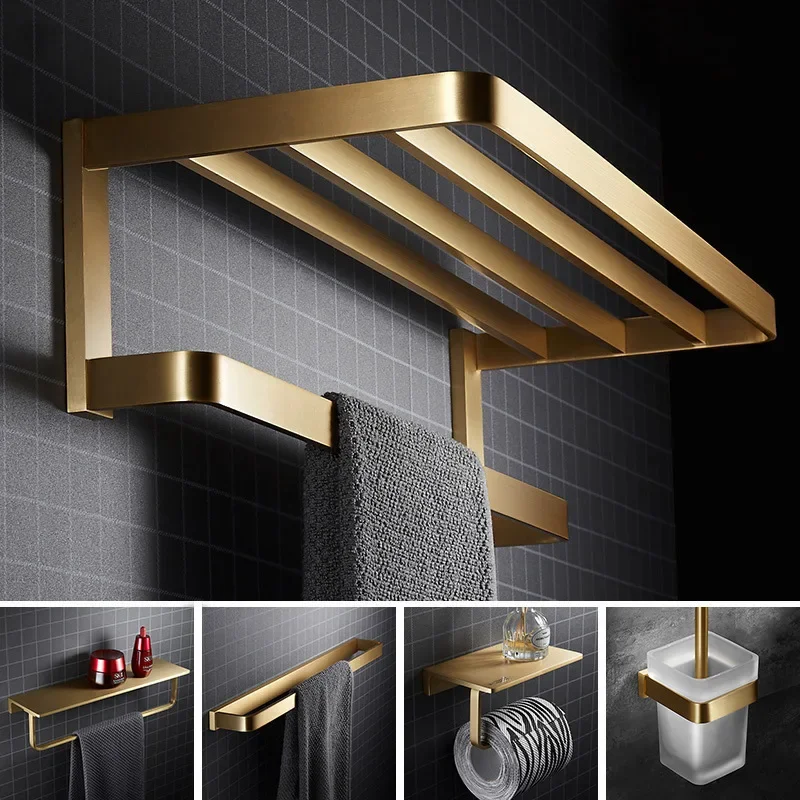 

Modern Luxury Design Bathroom Renovation Full Copper Towel Rack Brass Brushed Gold Bath Hardware Set Towel Hanging Storage Shelf