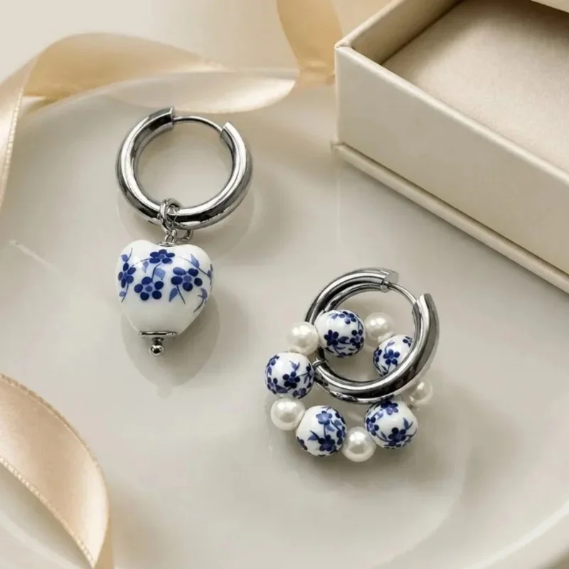 Elegant Blue And White Heart Ceramic Pendant Earrings With Beads Pearl Dangle Design For Women Trendy Jewelry Accessories Perfec