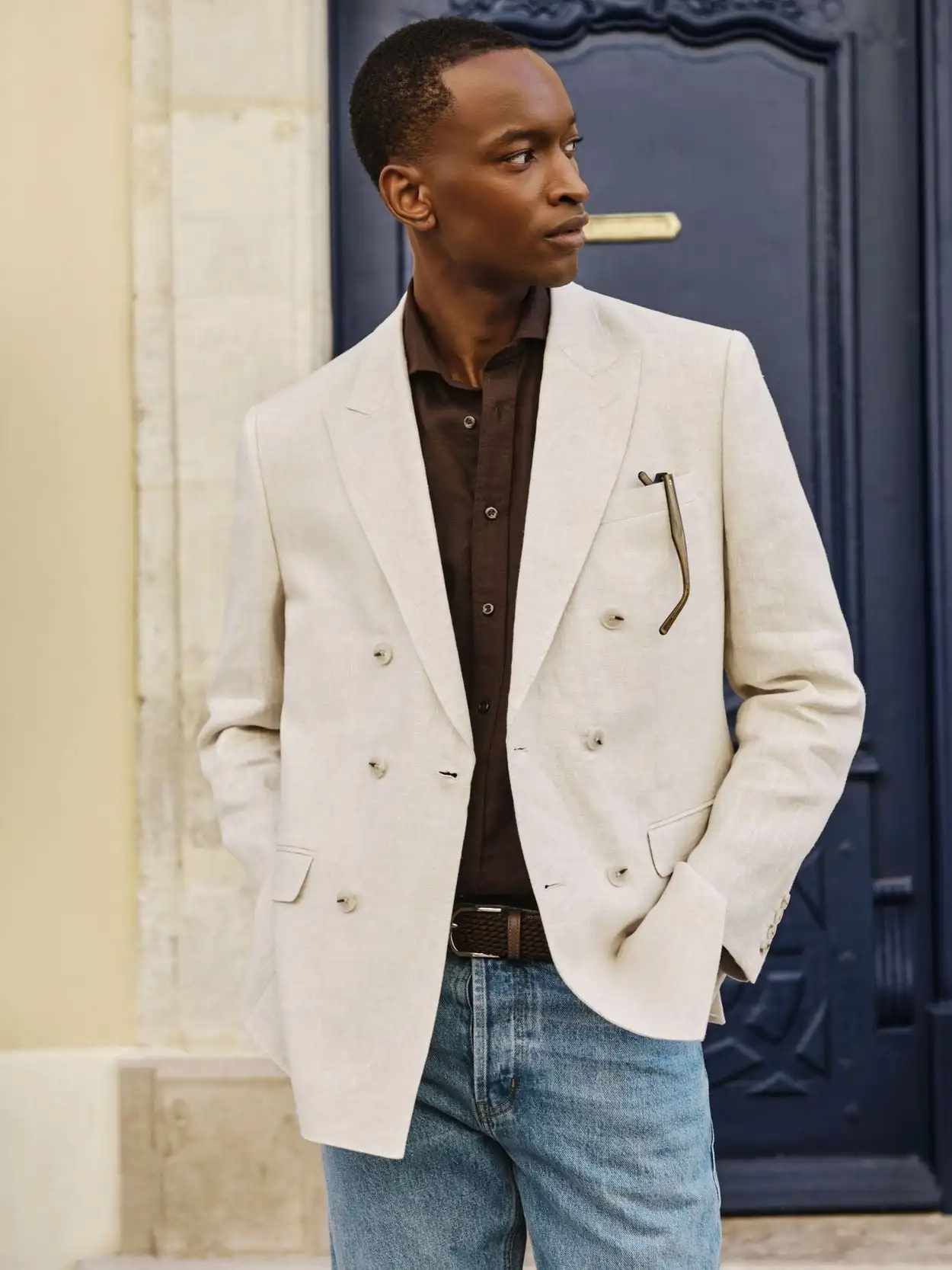 Summer Linen Men's Suit For Wedding Double Breasted Groom Wear Peaked Lapel Tuxedos Business 2 Pcs Jacket Pants Custom Made
