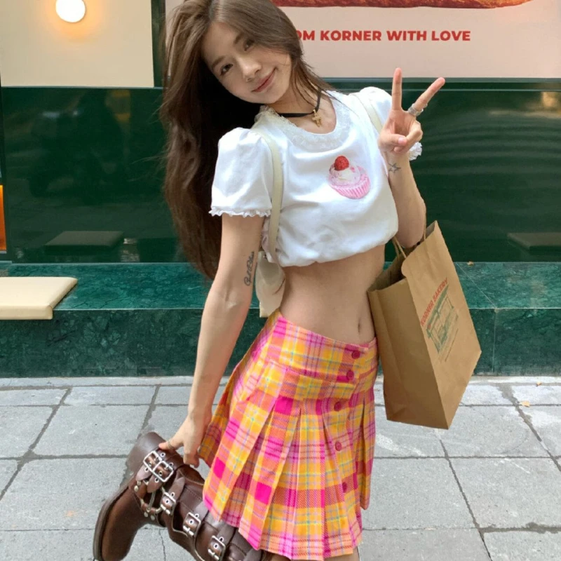 تنورة منقوشة بطيات من American Spice Girl للسيدات لربيع وصيف 2025، تنورة لطيفة