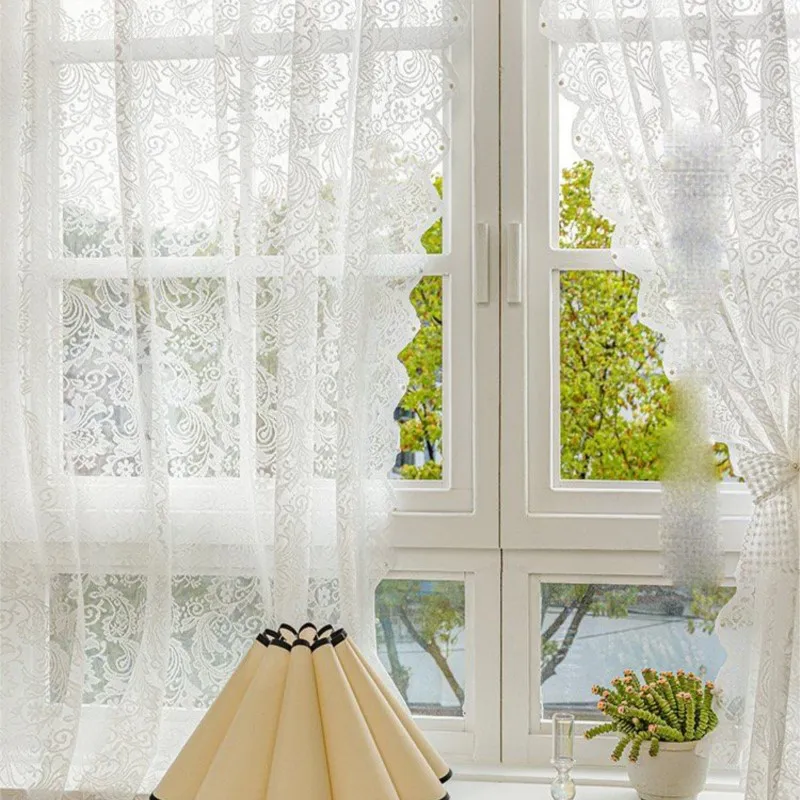 Non Punched Hook Style Curtain French White Nail Bead Lace Yarn Adhesive Curtain Screen Curtain Bedroom Window Curtain ZG924