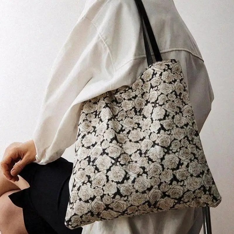 

Light Luxury Fashion New Rose Pattern Print Design Vertical Square Large Capacity Double-sided Single Shoulder Women's Bag Trend