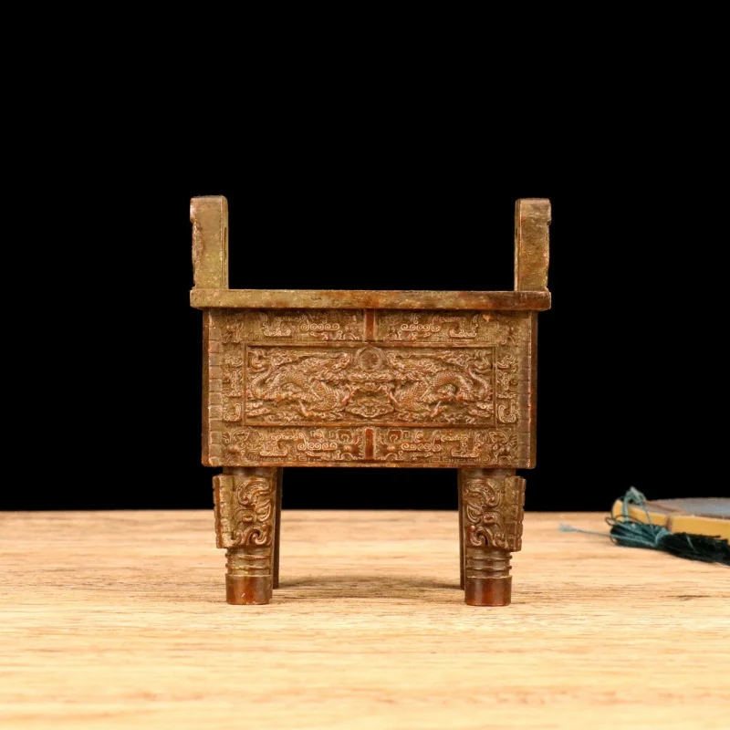 Antique Collectible Bronze Double Dragon , Decorative Alloy Square Vessel, Craft Item