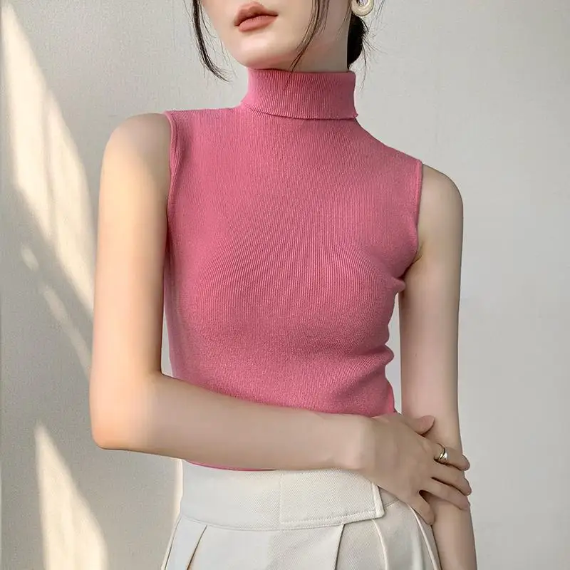 Wholesale Turtleneck Sweater Vest Base Slim Fit Pullovers Women Autumn Winter Pile Collar Sweater Sleeveless Solid Knitted Top