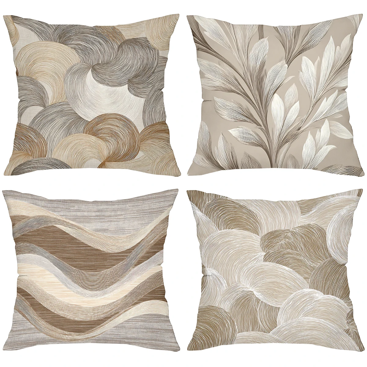 Set of 4 Neutral Tone Abstract Floral Wave Throw Pillow Covers Pattern Cushion Cover Suitable for Sofa Bedroom Car Pillow Cover