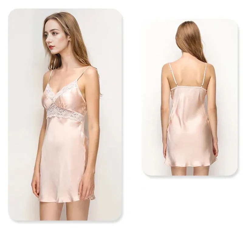 Camisón de seda Mulberry agradable para la piel para mujer, camisón de noche cómodo y sedoso de encaje transparente, Mini lencería Sexy fina sin espalda