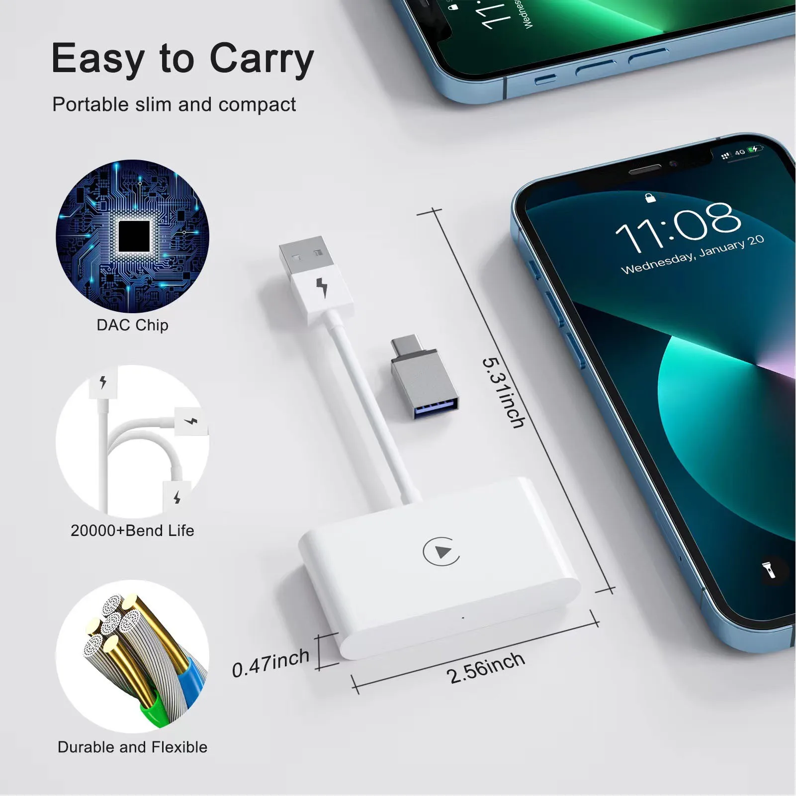 

Автомобильный беспроводной адаптер типа C, широкая совместимость, эффективный компактный автомобильный беспроводной преобразователь Plug and Play ABS для автомобилей 2016 года выпуска.