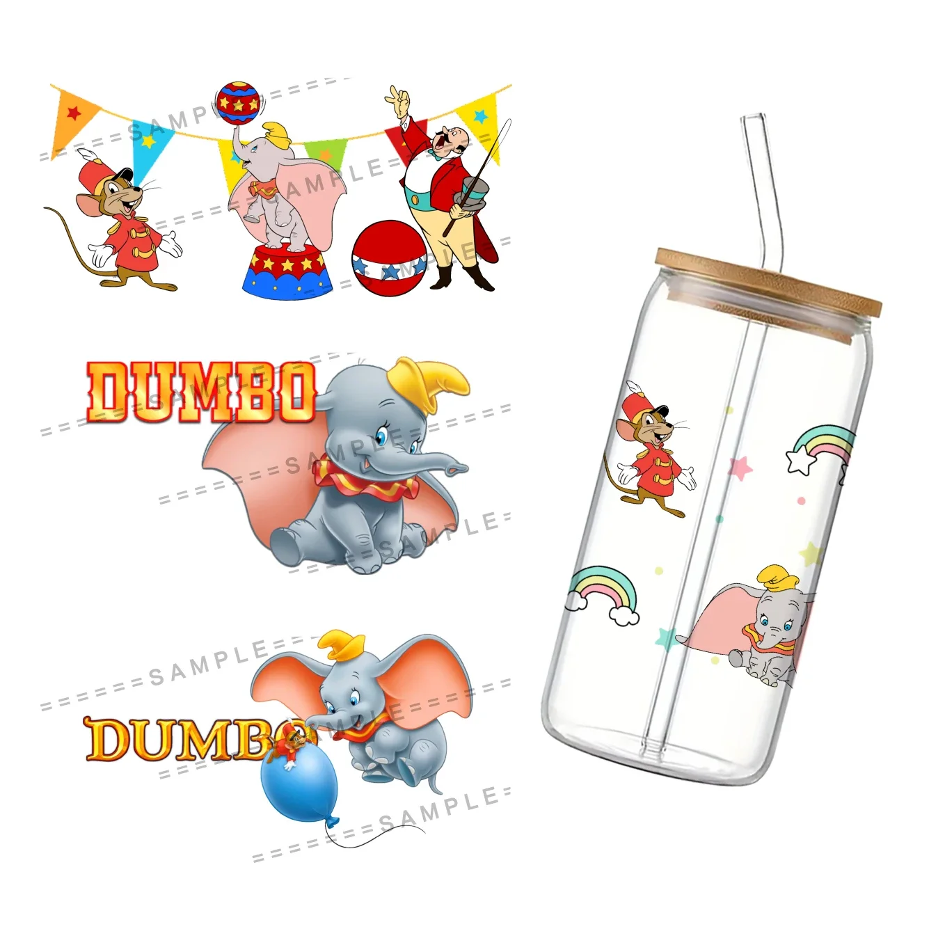 Disney Dumbo 3D Waterproof UV DTF Cup Wrap for 16Oz Libbey Glass Can DIY Transfer Sticker