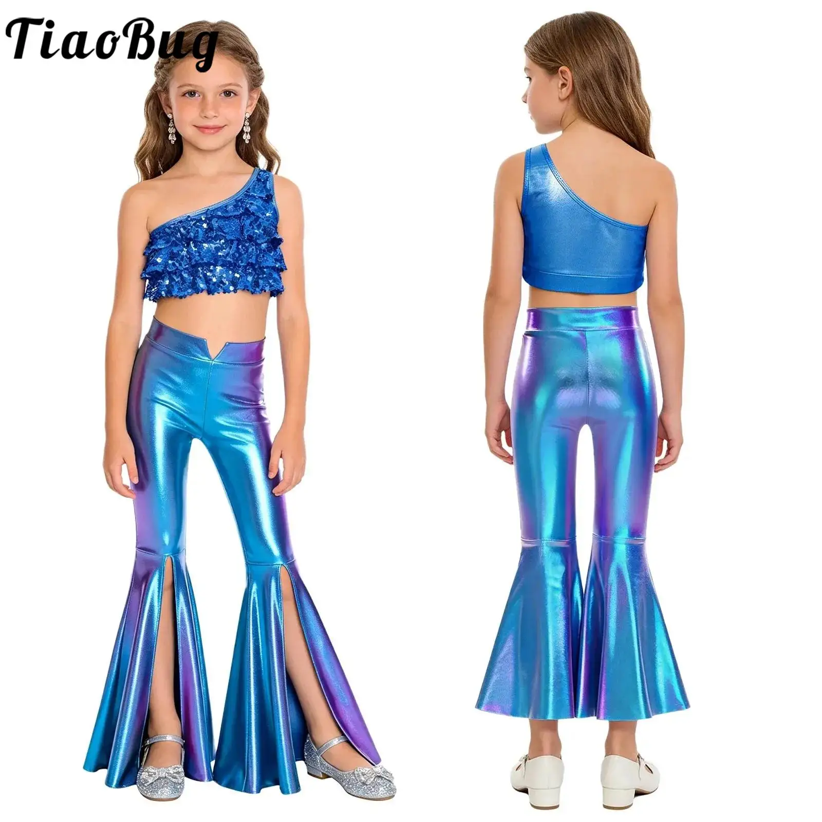 

Kids Girls Shiny Sequins Jazz Latin Dance Performance Outfit Set Tiered Ruffles Sleeveless Crop Top with Split Bell-Bottom Pants