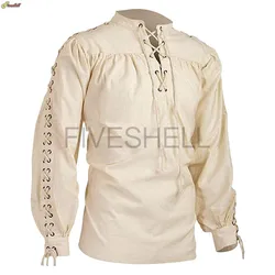 Medieval Shirts Men Tunic Pirate Costume Gothic Clothes Men Vintage Shirt Ruffle Neckline Drawstring Knight Cosplay Top