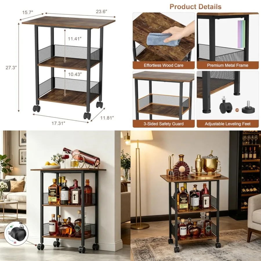 

Bar Cart, Mobile 3-Tier Serving Cart with Lockable Wheels, Freestanding Wine Rack and Liquor Cabinet for Kitchen, Dining Room,