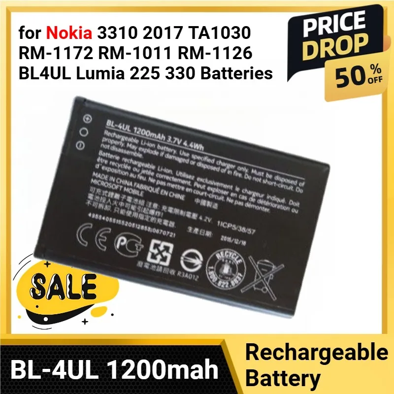 

BL-4UL BL 4UL Rechargeable Battery 1200mAh for Nokia 3310 2017 TA1030 RM-1172 RM-1011 RM-1126 BL4UL Lumia 225 330 Batteries