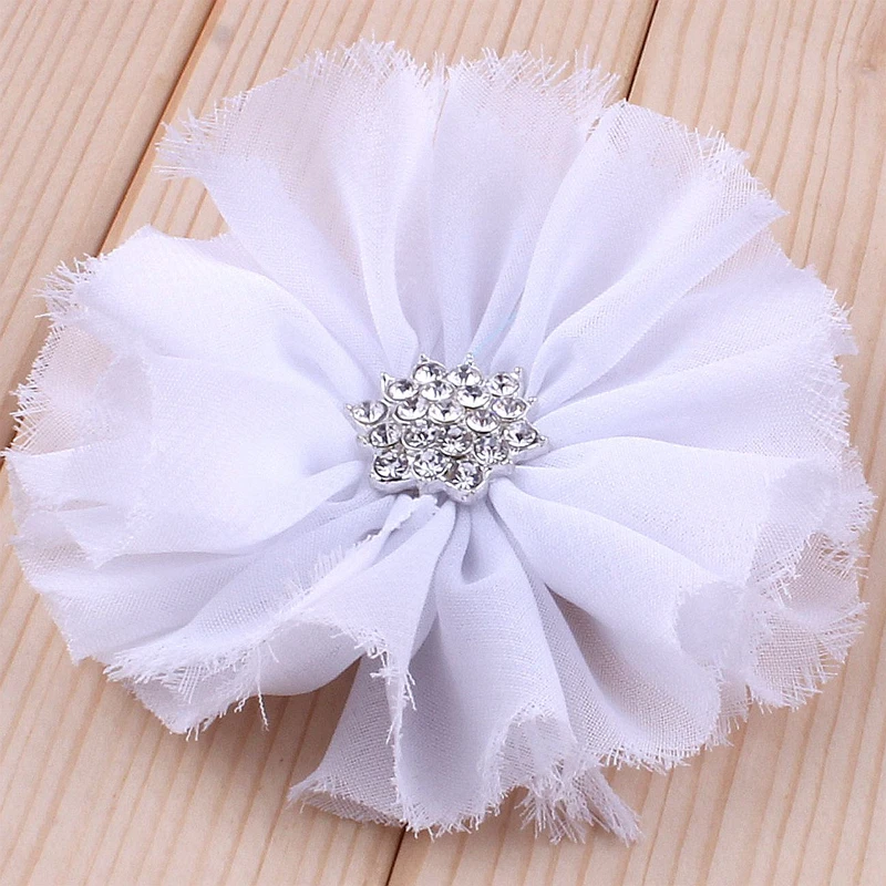 

50pcs/lot 3" 16colors Artificial Frayed Chiffon Flower With Snow Rhinestone Button Fluffy Fabric Flowers For Kids Headbands